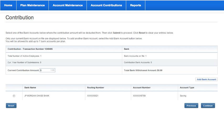 Once you click the Continue button, the system will save the contribution information and will submit it to the Automated Clearing House (ACH).