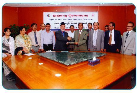 A signing ceremony on 'Remittance Service Agreement' between Dutch-Bangla Bank Limited and Bangladesh Post Office to facilitate disbursement