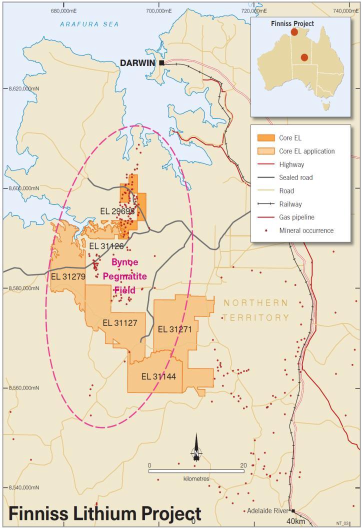 FINNISS LITHIUM PROJECT, NT Finniss Lithium Project in the NT Core holds large project tenure covers close to 500km 2 in the lithium rich Bynoe Pegmatite Field The Bynoe Pegmatite field is one of the