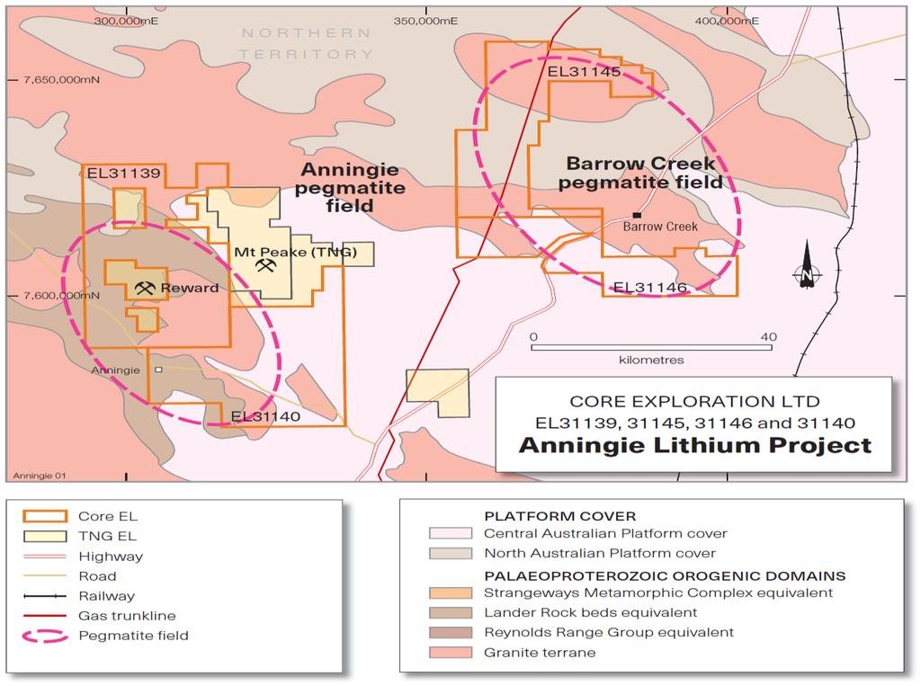 ANNINGIE AND BARROW CREEK PEGMATITES RECENTLY EXPANDS LITHIUM FOCUS Core s lithium projects cover a large position in the Northern Arunta pegmatite province Core holds 2,500 km 2 of lithium