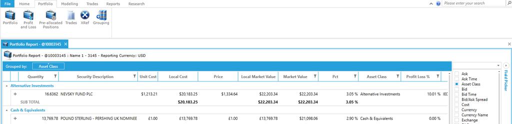 Portfolio Tab Provides a near real time detailed view of the assets held in a portfolio.