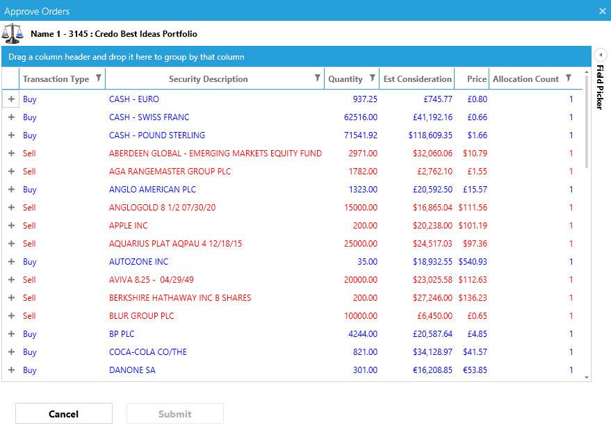 Preview Orders Clicking Preview Orders results in a summary screen of the proposed trades.