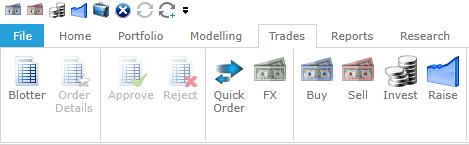 The action buttons under the Trades Tab can be used to instruct trades (Buy or Sell, Invest or Raise), alternatively right clicking on a selected security within a portfolio and selecting the
