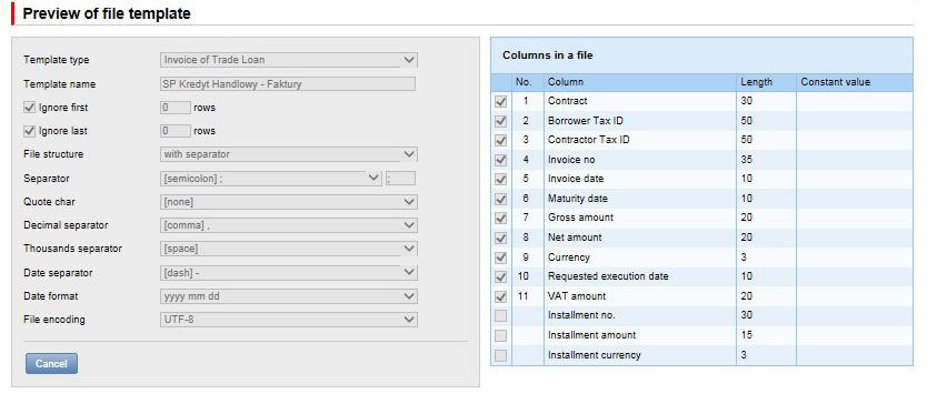 For contracts using the Split Payment Method in settlements, the list of columns available on the New file template creation form will be extended for the Invoice Loan template with the following