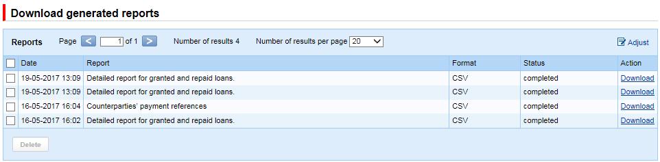 The Reports > Download generated reports form is a place with generated asynchronous reports, ready for download.