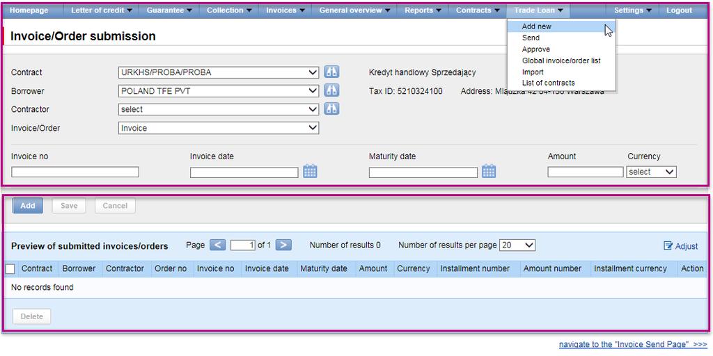 3. TRADE LOAN Invoice entry screen basic info. The drop down menus of Buyers are limited to 30 items.