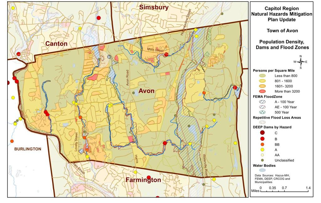 Map 12: Avon Population Density, Dams and Flood Zones 2014-2019