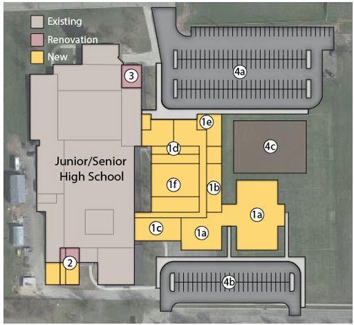 Option II: Build a school at the junior/senior high school at an estimated cost of $20.8 million; this would: 1. Build a two-story addition with: a. Classrooms for early childhood - 5th grades b.