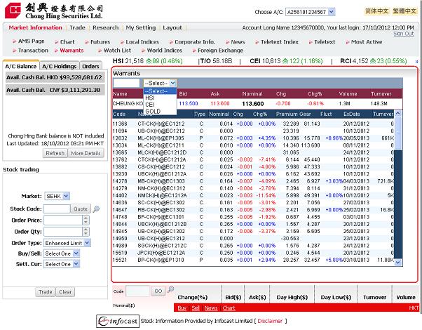 6.11 Warrants (For Streaming Users only) By entering the stock code or selected the HSI/CEI/GOLD from the drop down list, the real time quote of its warrants will