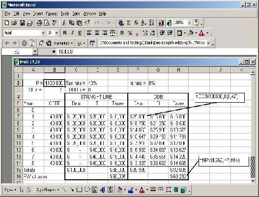 17.21 Here Taxes = (CFBT depr)(tax rate). Select the SL method with n = 5 years. 17.24 (a) t=n PW TS = (tax savings in year t)(p/f,i,t) t=1 Select the method that maximizes PW TS. (b) TS t = D t (0.