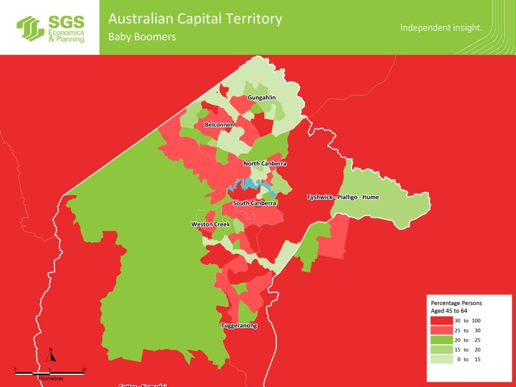 MAP 4 CANBERRA BABY BOOMERS What is clear from the 2011 Census information is that the baby boomers are generally making up a higher proportion of households in the regions surrounding these cities
