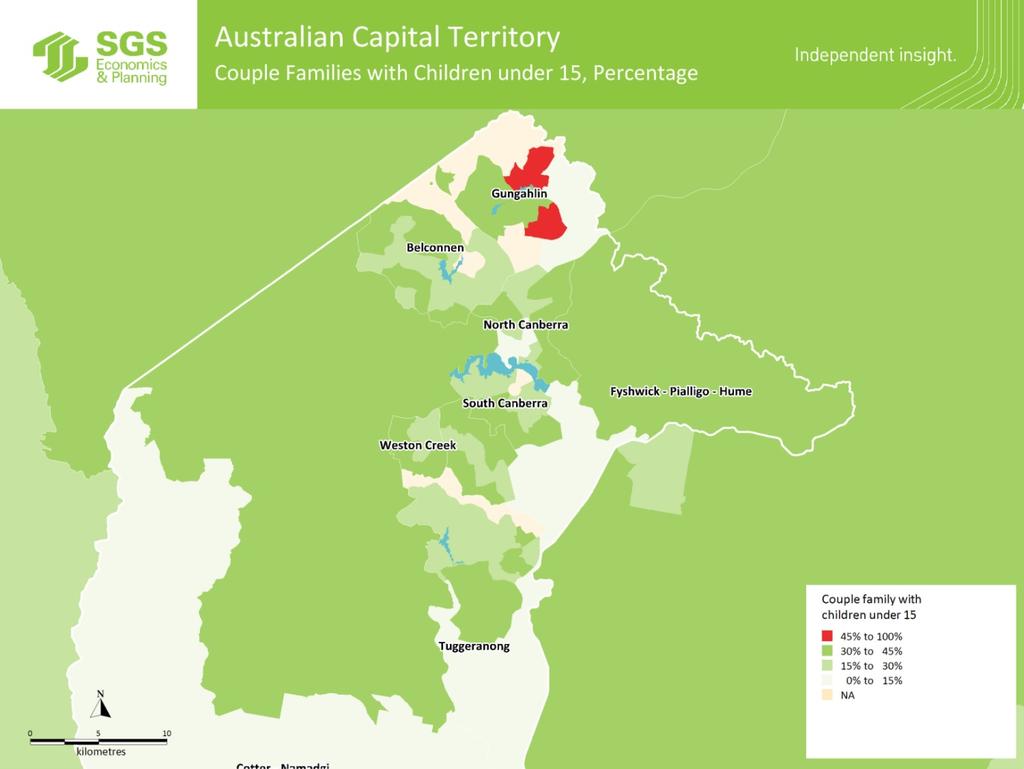 MAP 8 CANBERRA COUPLES WITH DEPENDENT CHILDREN Maps 5 to 8 show that in each of Sydney, Melbourne, Brisbane and Canberra there are areas where couple households with dependent children make up more