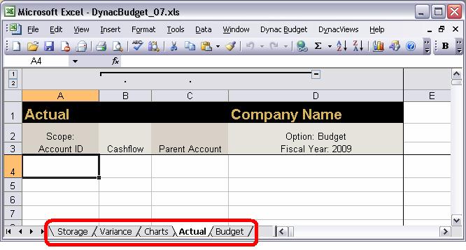 Introduction Worksheets A new DynacBudget template contains five worksheets: Storage setup and configuration settings.
