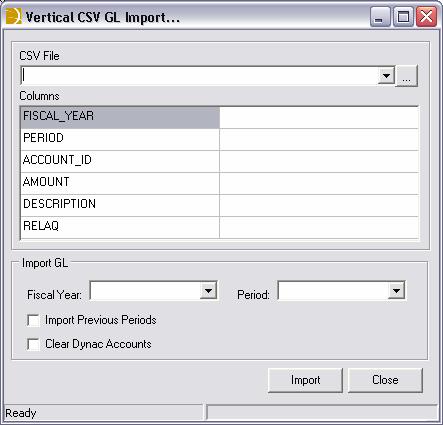 Tasks Importing G/L Data using DynacBudget The procedure varies depending on your accounting system. This document describes the procedure for importing the data using a CSV flat file.