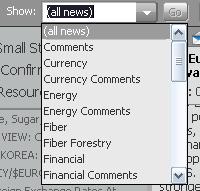 Page 8 Filtering News Stories Filter fields are at the top of the News window. To filter by keyword CQG has provided over two dozen pre-set filters for you.