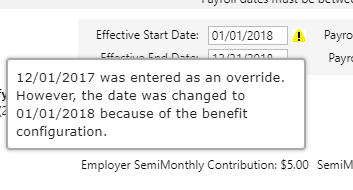 Figure 6 If you enter dates in the top override section, a warning will now appear if the dates are adjusted to match your configuration (Figure