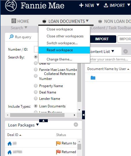 5. Optional Step: To reset the workspace, click on the dropdown arrow on the Loan Documents tab.