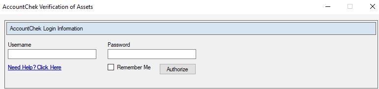 To log in, supply your AccountChek Username and Password and click the Authorize button.