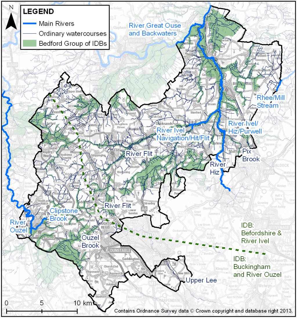 Figure A2-1 Overview map of watercourses and IDB boundaries within Central Bedfordshire Historic Flood Risk across Central Bedfordshire Locations where historic records of flooding have been