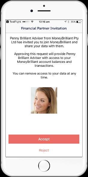 You can remove access to your MoneyBrilliant account at any time from the Settings Data Sharing menu option (available in the MoneyBrilliant desktop browser app).