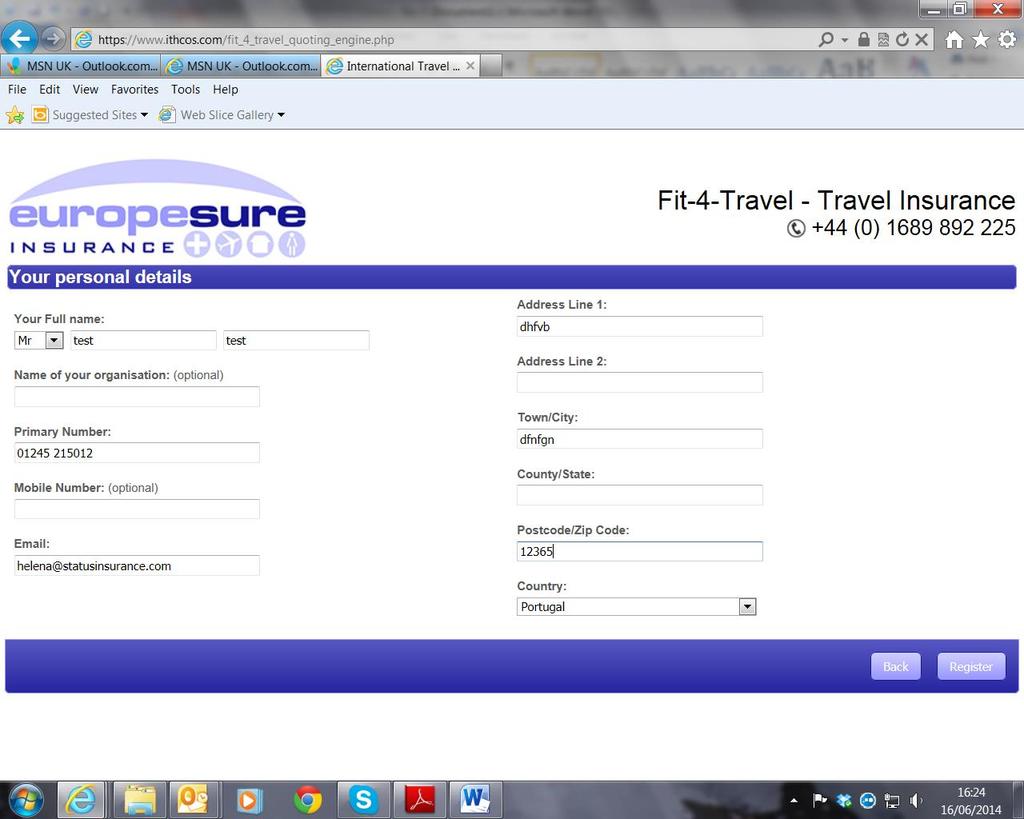 FIT-4-TRAVEL Screen 11 Once this page is completed with the customer s information you should select the Register option