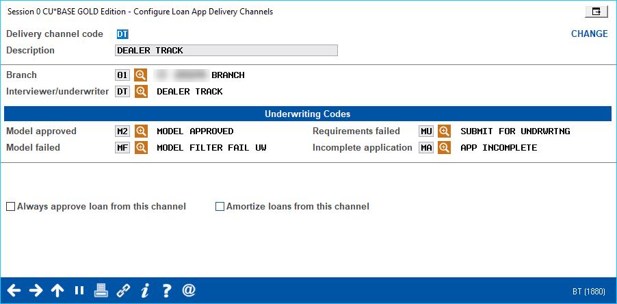 All incoming applications will be assigned to this branch. Select the DealerTrack (DT) delivery channel and Change or View to move to the detail screen.