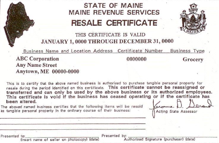 Sample of a Resale Certificate Do not give out the original; make copies to distribute when you purchase for resale. Do not confuse this with the Retailer certificate.