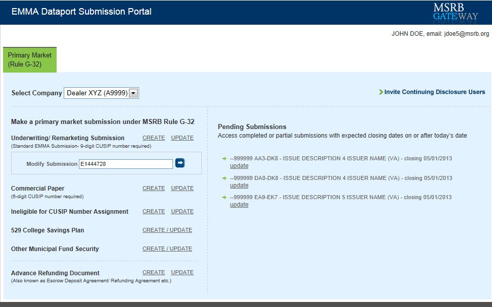 made an initial submission of information on the offering, login to EMMA Dataport from the MSRB or EMMA homepage.