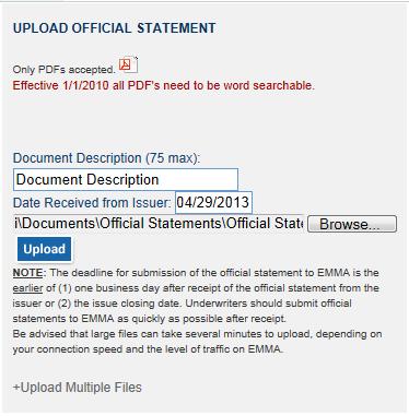 Enter an optional brief description of the document in the Document Description text box and the date in the Date Received from Issuer field.