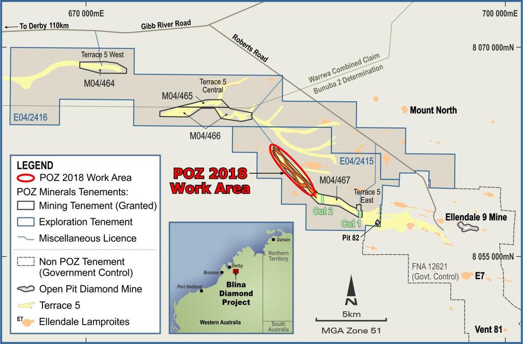 1.0 Blina Diamond Project, WA POZ 100% The Blina Diamond Project in the Ellendale Diamond Province of WA's Kimberley Region is 100% owned by POZ Minerals Limited ( POZ or the Company ).