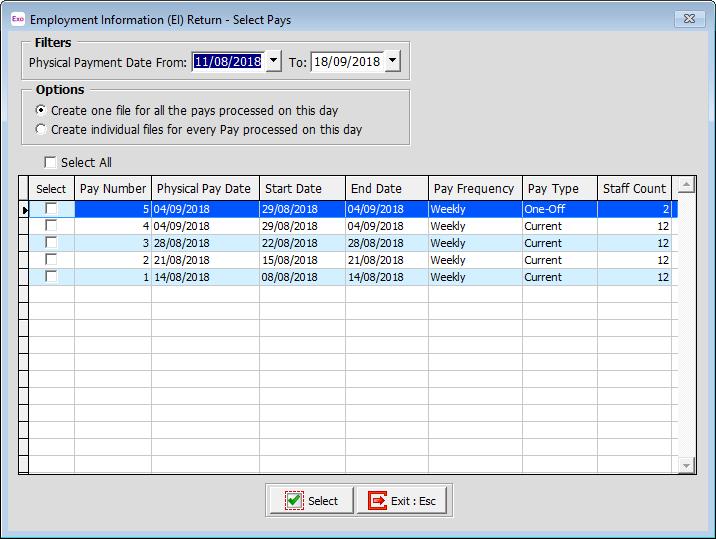 Manually Creating EI Return Files To create an EI return file for a pay that does not yet have one, select the pay and click Create EI File.