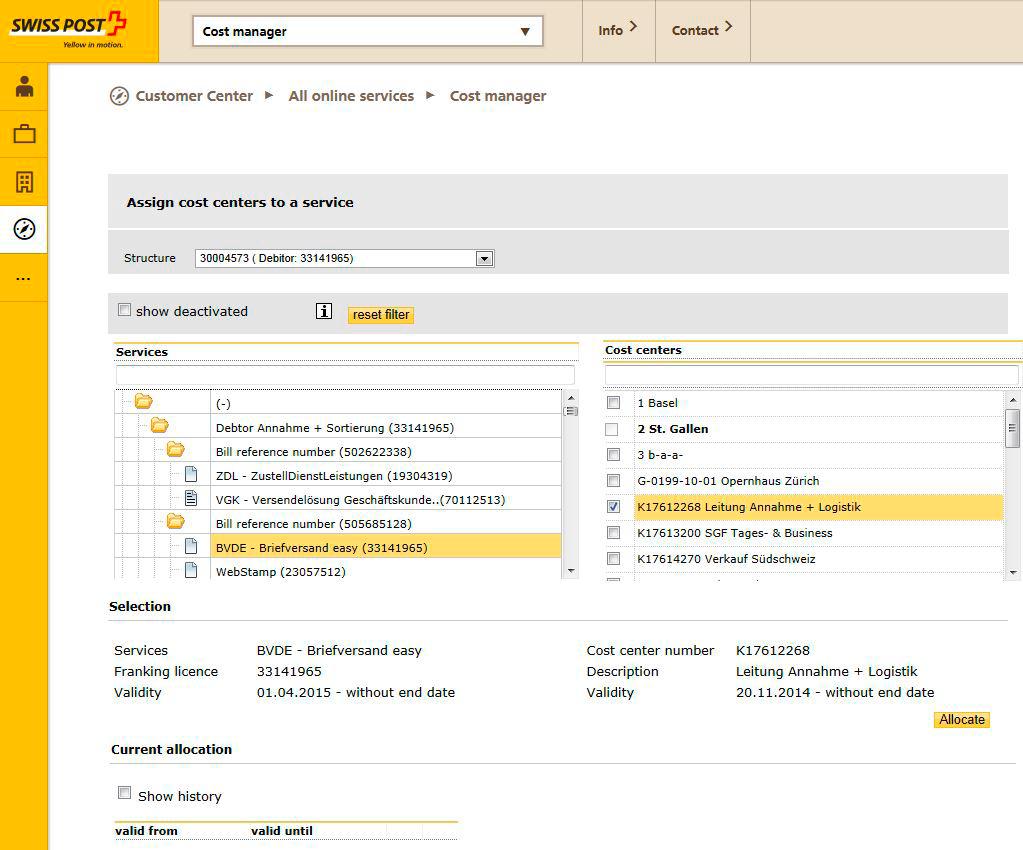 3.2.2 Allocate cost centers to services In this view, click the Allocate cost centers to services tab.