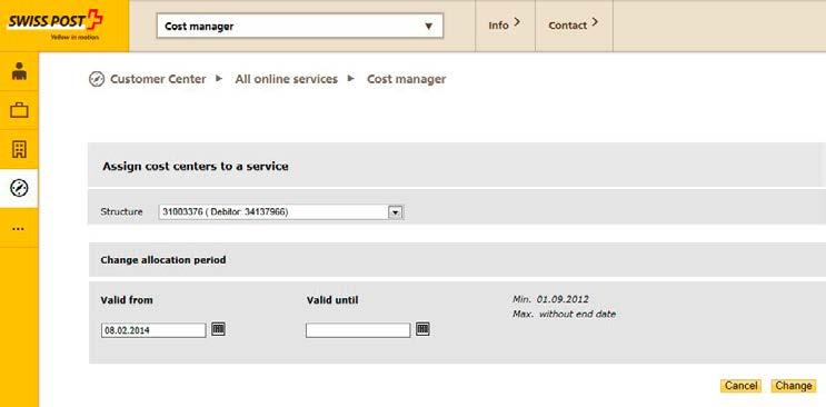 To allocate cost centers to services, proceed as follows: Select the service to which you want to allocate cost centers by clicking it. Select the cost center you want to allocate by ticking its box.