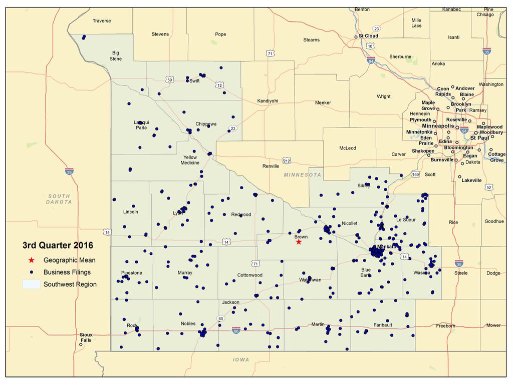 Business Filings The first map shown below is a visual representation of new business formation around the Southwest Minnesota planning area in the second quarter of.