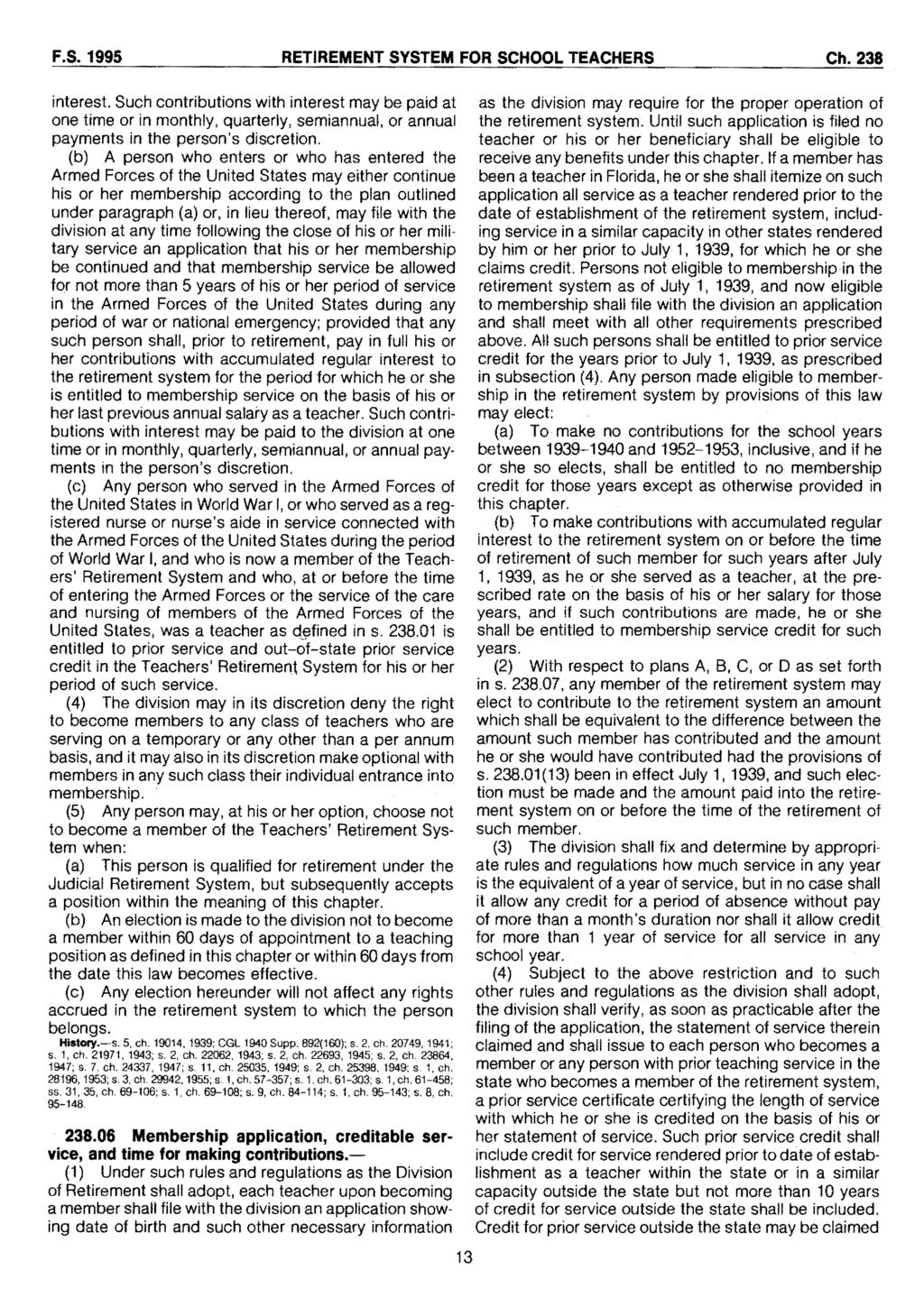F.S. 1995 RETIREMENT SYSTEM FOR SCHOOL TEACHERS Ch.238 interest.