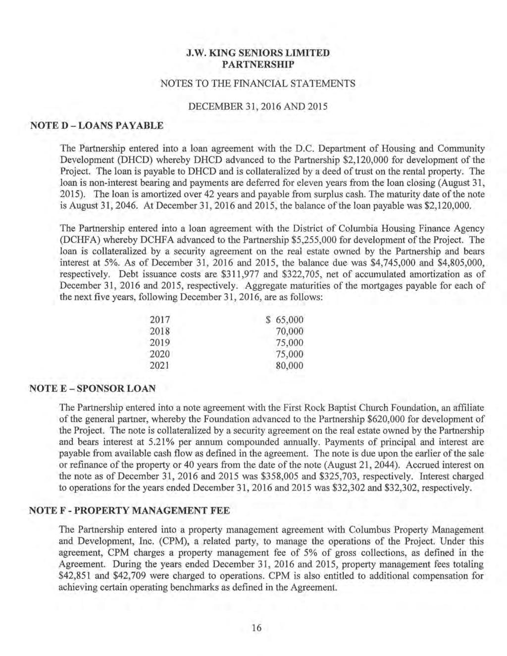 NOTED - LOANS PAYABLE J.W. KING SENIORS LIMITED PARTNERSHIP NOTES TO THE FINANCI