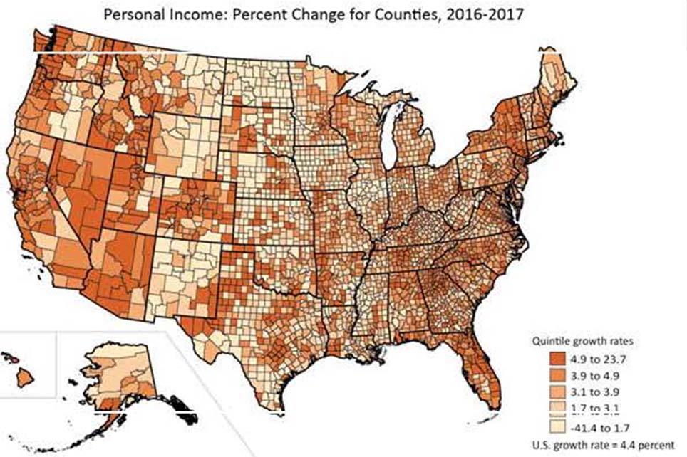 2018-19 State Budget News Personal income increased in 2,787 counties, decreased in 318, and was unchanged in 8 in 2017. Personal income increased 4.