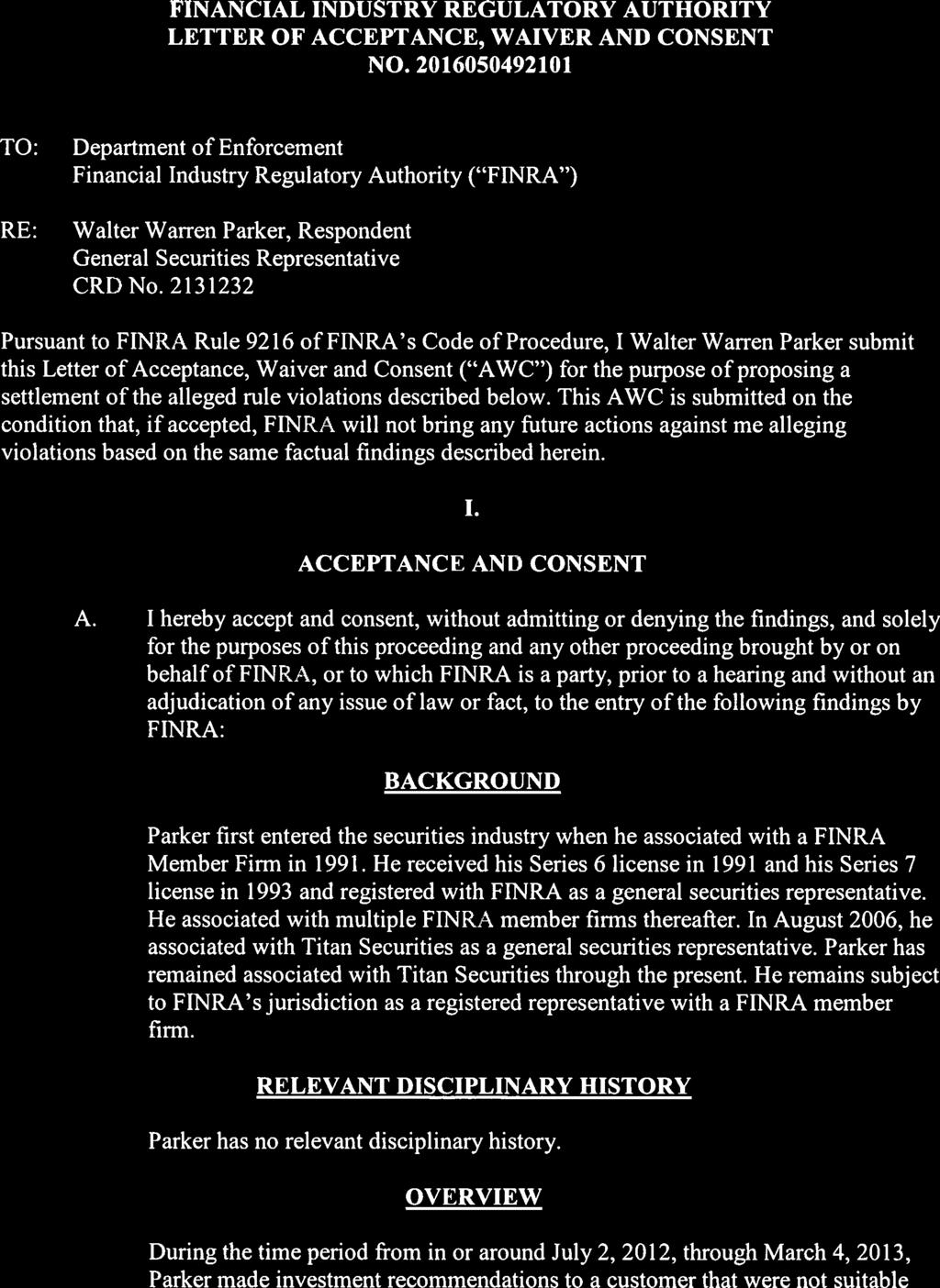 FINANCIAL INDUSTRY REGULATORY AUTHORITY LETTER OF ACCEPTANCE, WAIVER AND CONSENT NO.