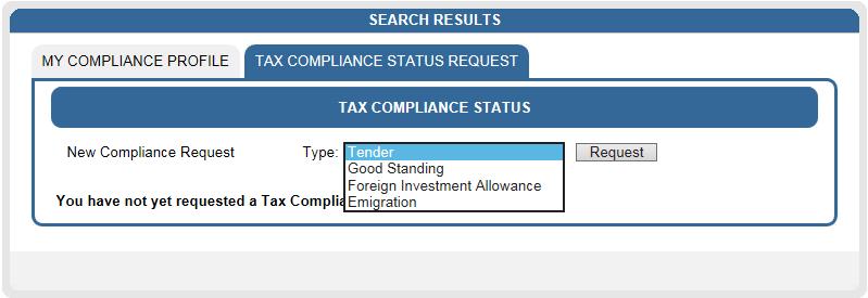 Tax Compliance Status Request Select the Type drop-down arrow and the list of TCS request types will be displayed.