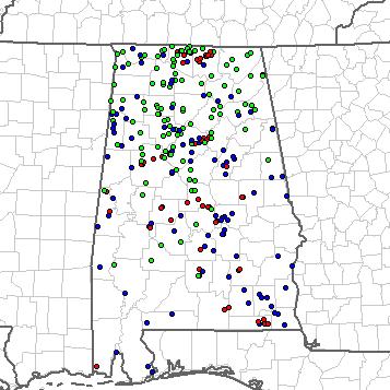 Location of Severe Storms in Alabama, January 1 April 16, 212 There were 295 severe weather reports in AL so far in 212 ALABAMA Total Reports = 295 Tornadoes = 52