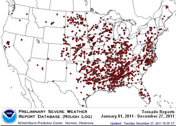 Location of Tornadoes in the US, 211 1,894 tornadoes killed 552 people in 211, including at least 34 on April 26 mostly in the Tuscaloosa