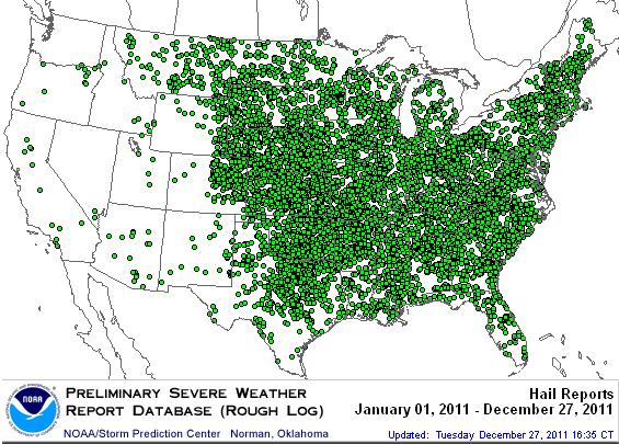 Location of Large Hail Reports in the US, 211 There were 9,417 Large Hail reports in 211, causing extensive damage to homes,