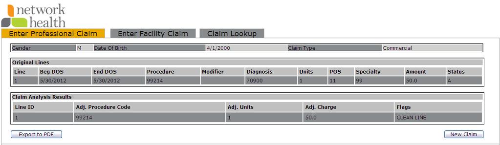 In the next example, a claim was entered and submitted and multiple flags were issued. Line ID The Line ID shows which claim line received an edit. Adj.
