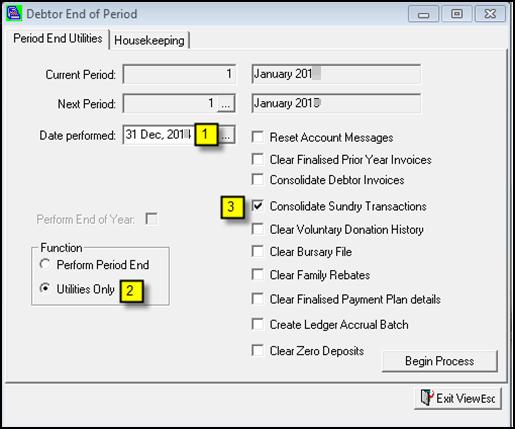Path: Debtors > Debtors End of Period.1 Date This will be the date displayed against the cost centre the Performed transactions will be consolidated to.