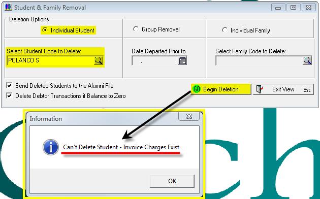 Individual Student Individual Students can be deleted providing they have no transactions. Individual Student Select to remove an individual student. Student Code to Select the student to be removed.