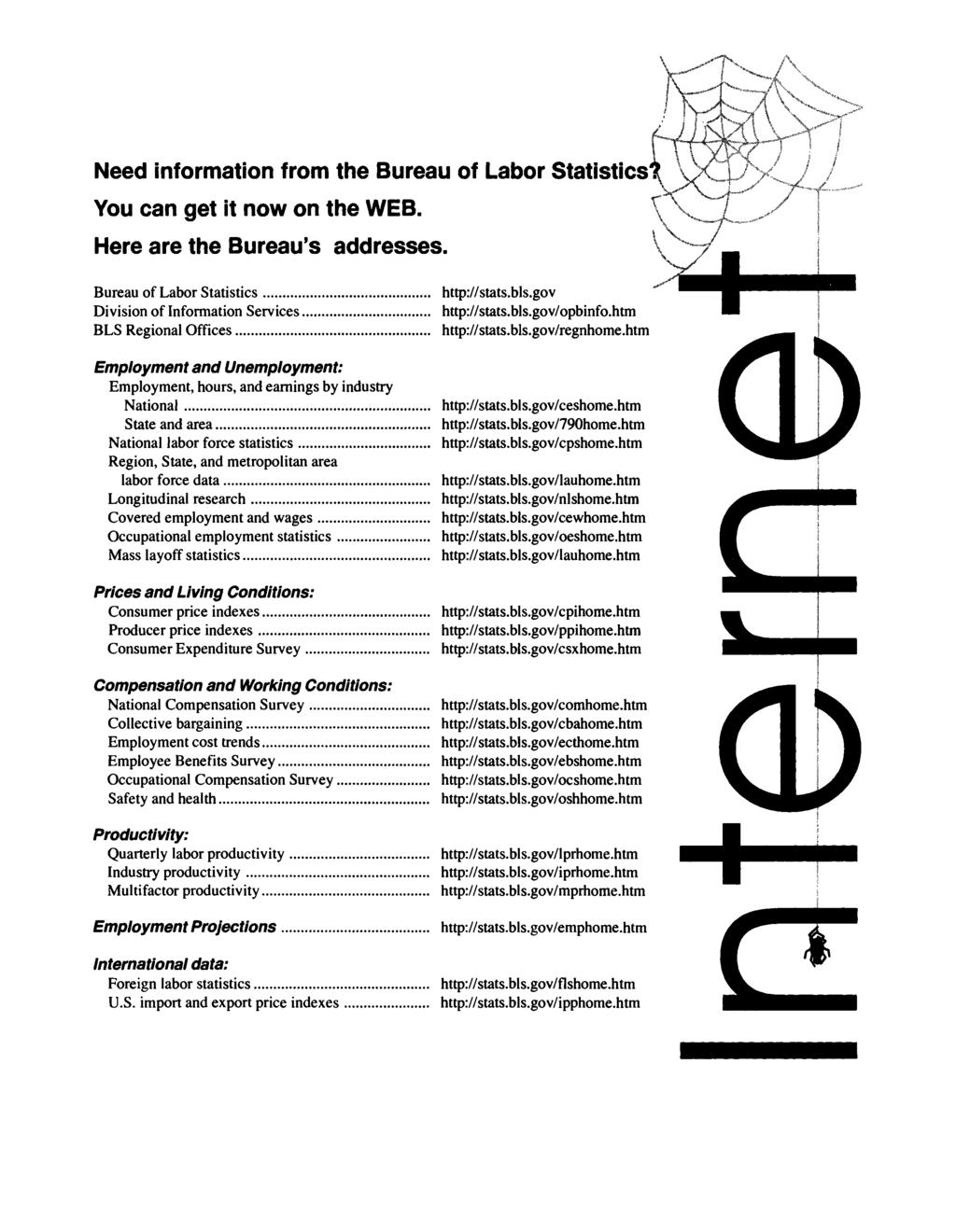 Need information from the Bureau of Labor Statistics You can get it now on the WEB. Here are the Bureau's addresses.
