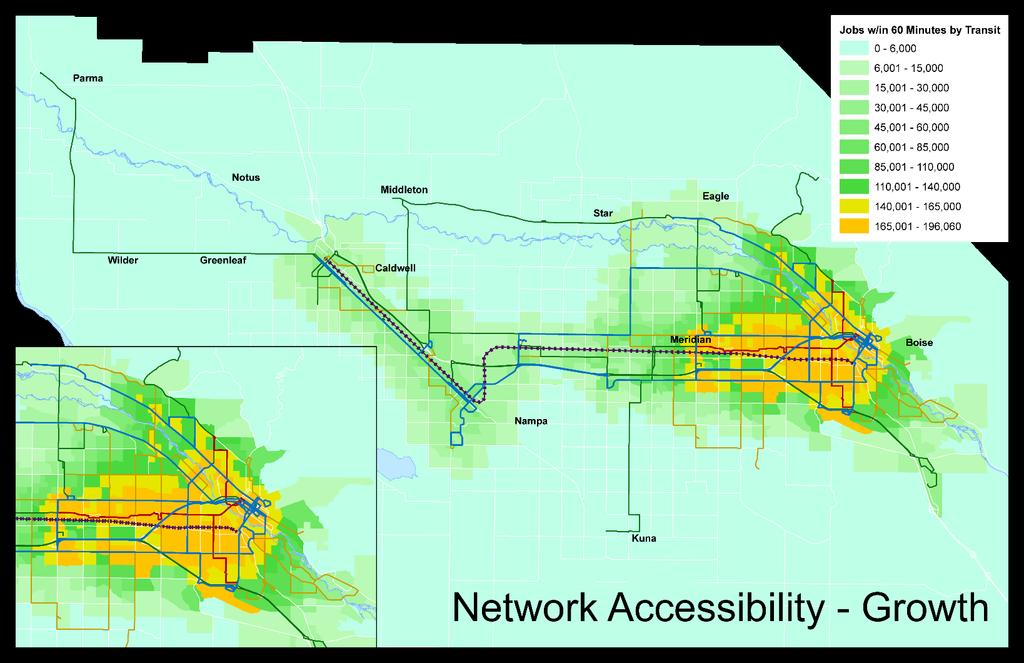ITEM VI-B-1 The map below illustrates how ValleyConnect 2.0 will expand the total number of jobs accessible to the residents of Ada and Canyon County.