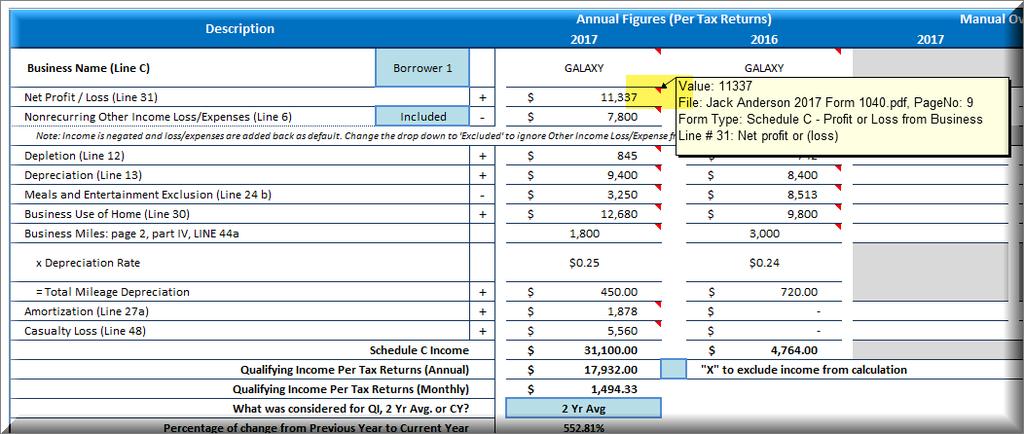 LoanBeam Workbook Overview At the bottom of each workbook you will find tabs labeled in accordance to the calculation and analysis of the borrower s tax documents starting with