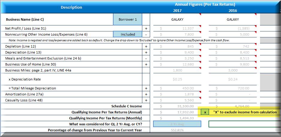 LoanBeam Workbook Overview To exclude income from a particular entity, type X in the box shown. The amounts will be excluded from the total income calculations and greyed out.