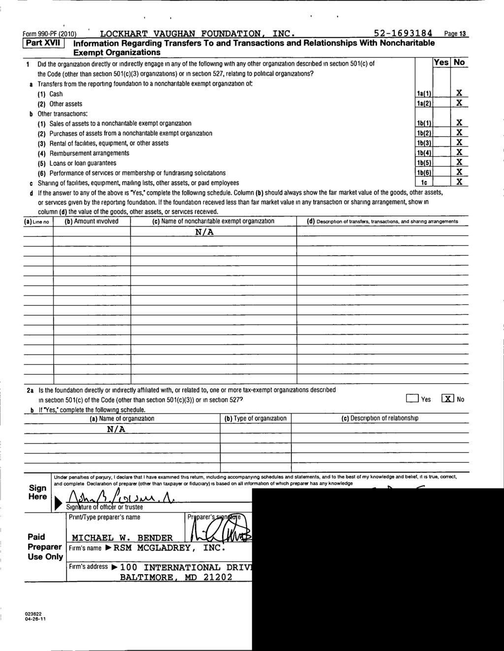 Form 990-PF 2010. LOCKHART VAUGHAN FOUNDATION, INC.